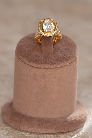Gold Plated Moissanite Polki & Green Synthetic Stone Ring In Sterling Silver by Varq Jewels