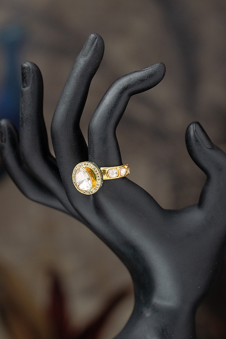 Gold Plated Moissanite Polki & Green Synthetic Stone Ring In Sterling Silver by Varq Jewels at Pernia's Pop Up Shop