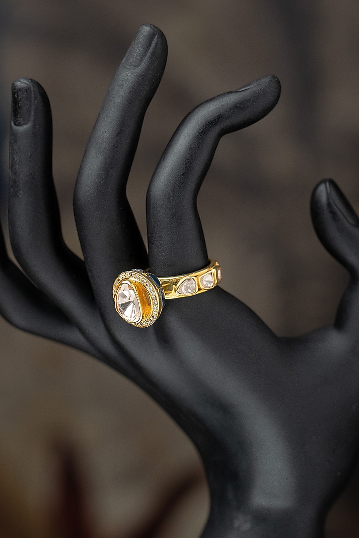 Gold Plated Moissanite Polki & Green Synthetic Stone Ring In Sterling Silver by Varq Jewels at Pernia's Pop Up Shop