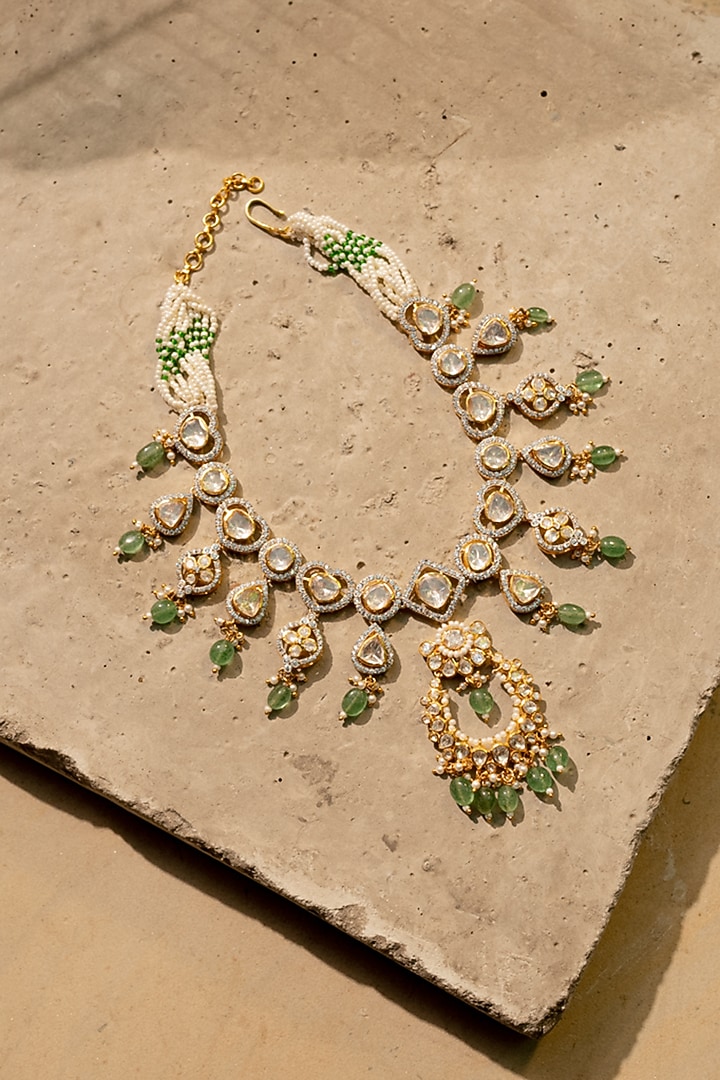 Gold Plated Moissanite Polki & Green Glass Stone Mathapatti In Sterling Silver by Varq Jewels at Pernia's Pop Up Shop