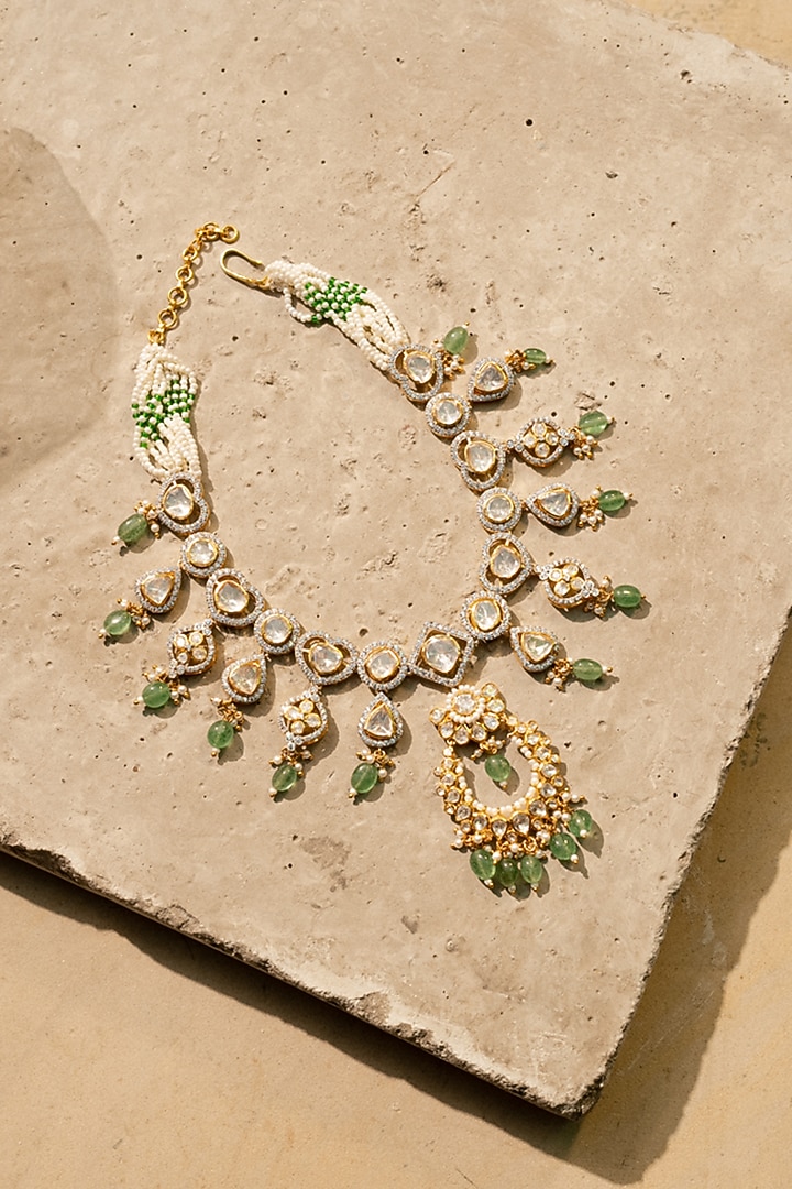 Gold Plated Moissanite Polki & Green Glass Stone Mathapatti In Sterling Silver by Varq Jewels at Pernia's Pop Up Shop