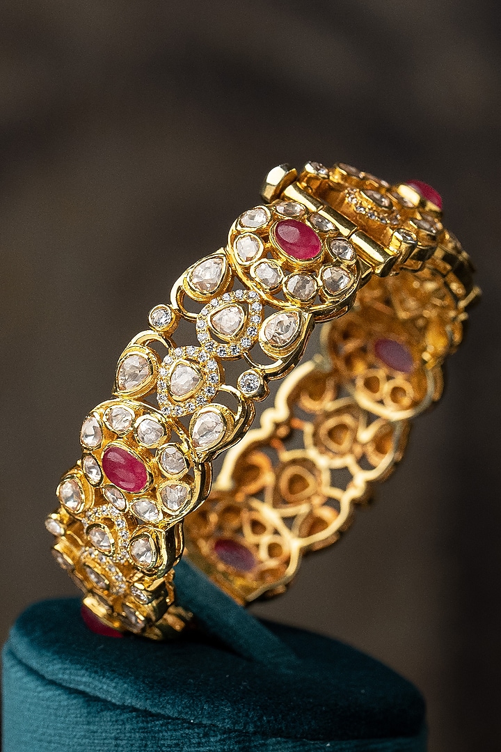 Gold Plated Moissanite Polki & Red Glass Stone Bangle In Sterling Silver by Varq Jewels at Pernia's Pop Up Shop