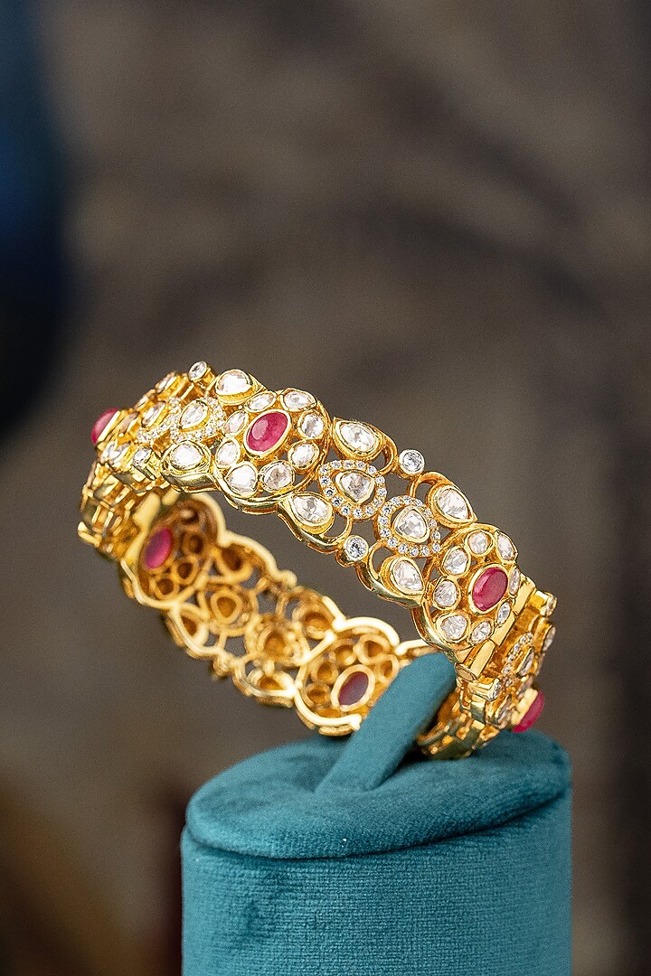 Gold Plated Moissanite Polki & Red Glass Stone Bangle In Sterling Silver by Varq Jewels at Pernia's Pop Up Shop