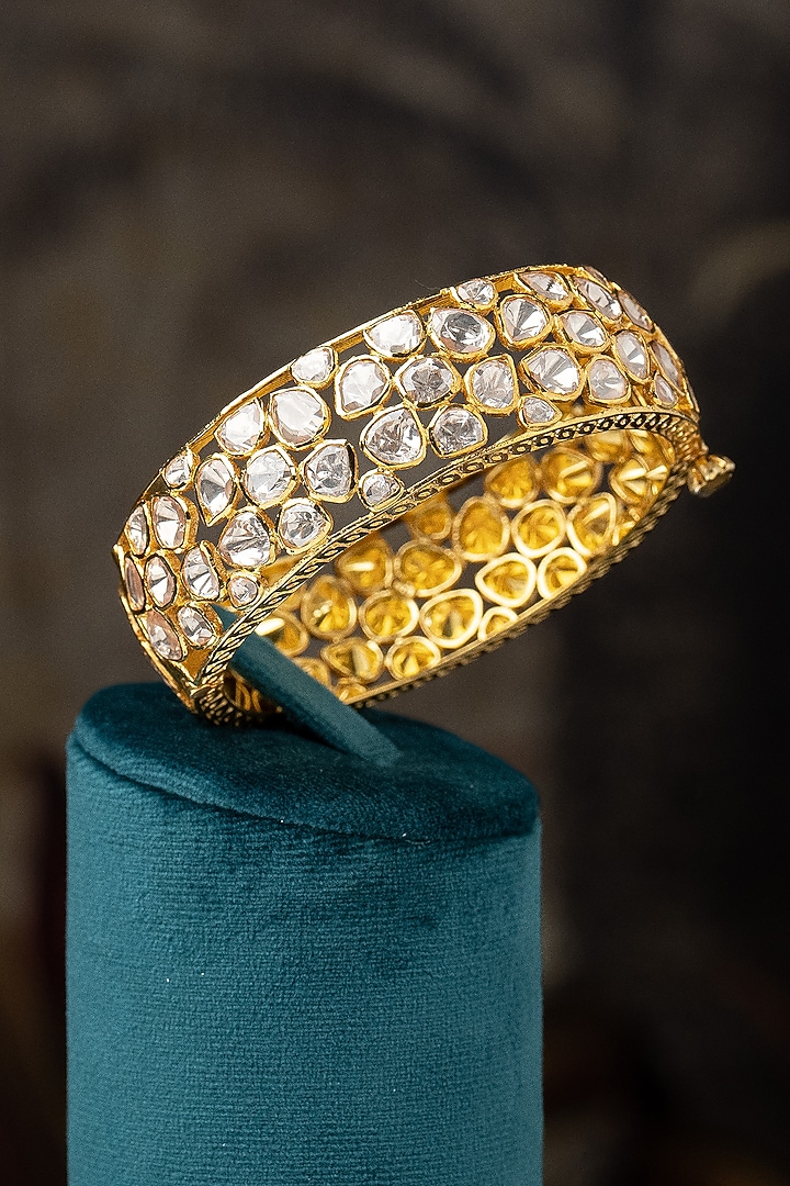 Gold Plated Moissanite Polki & Zirconia Diamond Bangle In Sterling Silver by Varq Jewels at Pernia's Pop Up Shop