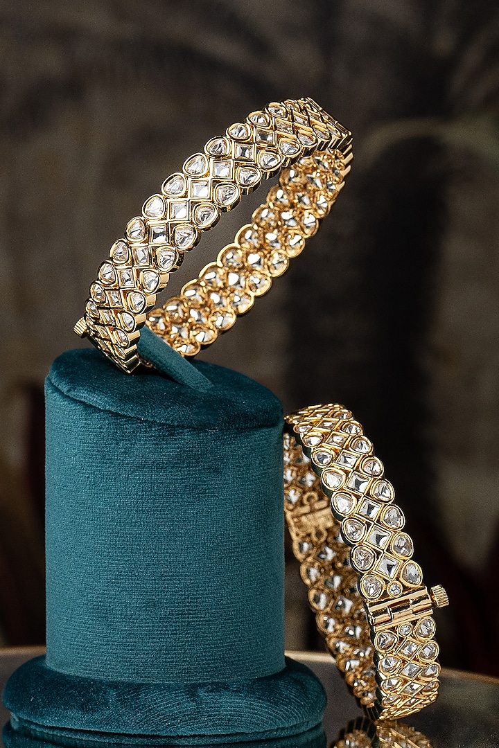 Gold Plated Moissanite Polki & Zirconia Diamond Bangle In Sterling Silver (Set of 2) by Varq Jewels at Pernia's Pop Up Shop