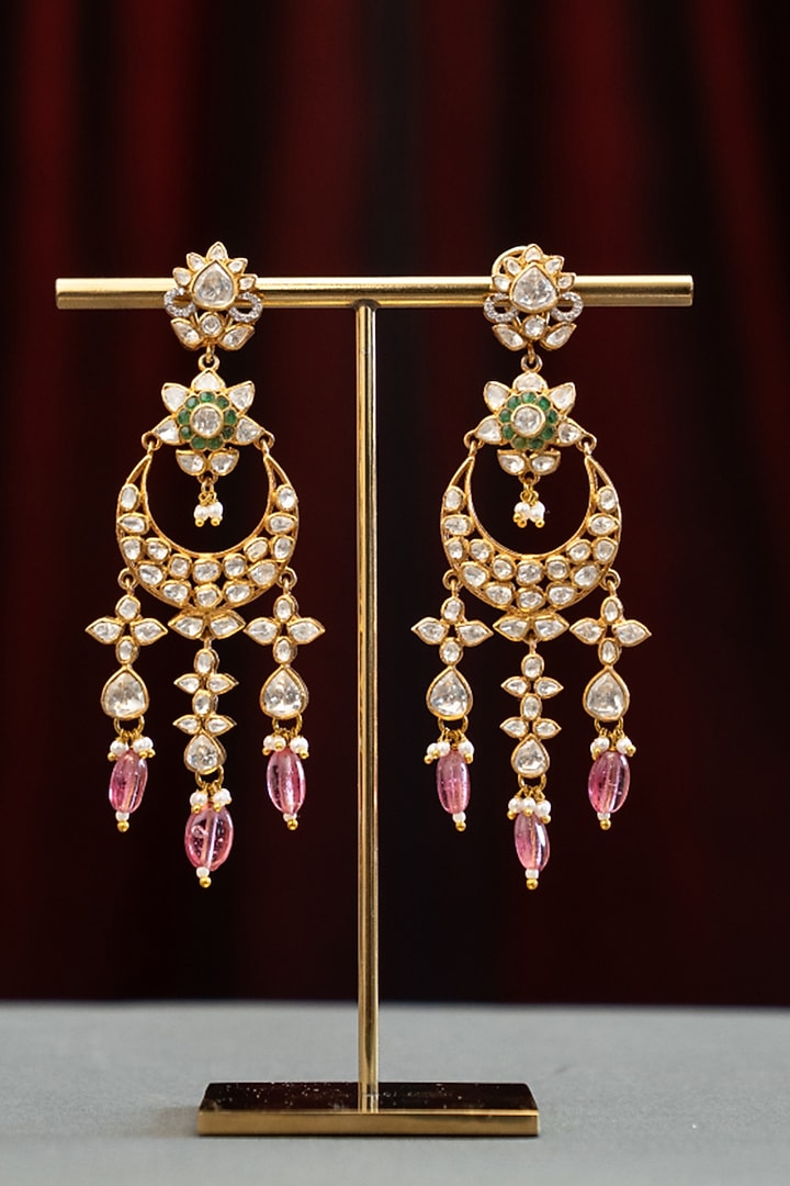 Gold Plated Pearl & Moissanite Stone Jhumka Earrings Set In Sterling Silver by Varq Jewels at Pernia's Pop Up Shop