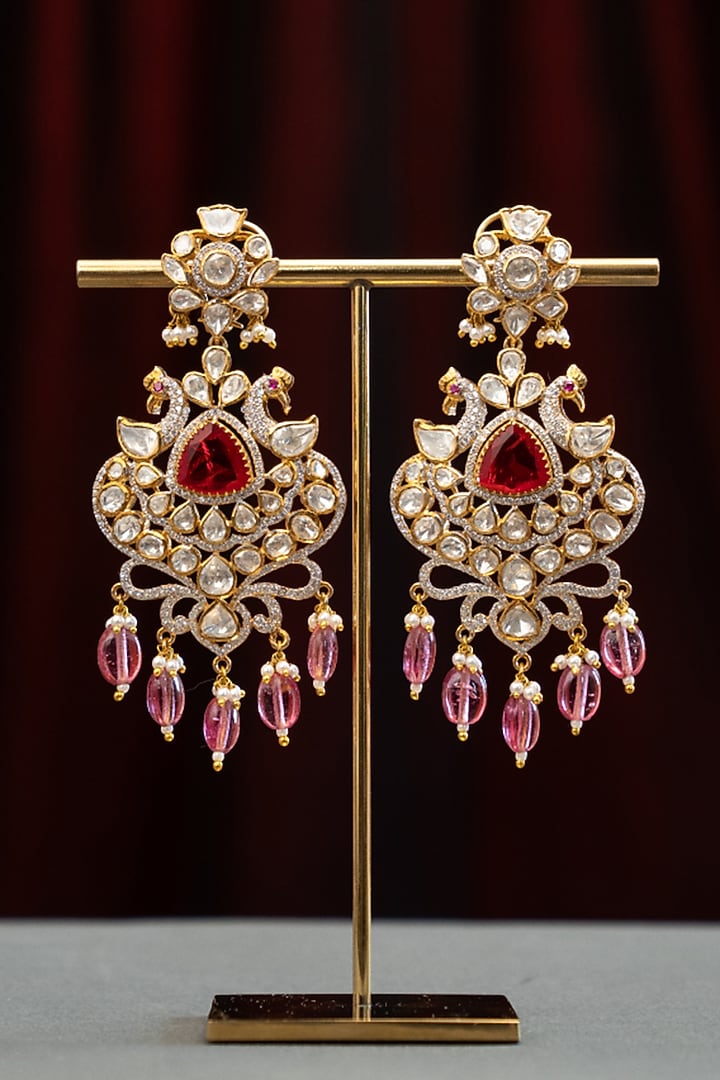 Gold Plated Ruby Stone & Moissanite Embellished Jhumka Earrings In Sterling Silver by Varq Jewels at Pernia's Pop Up Shop