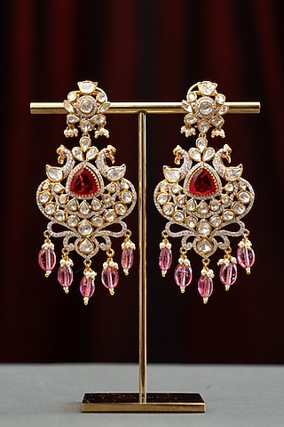 Gold Plated Ruby Stone & Moissanite Embellished Jhumka Earrings In Sterling Silver by Varq Jewels
