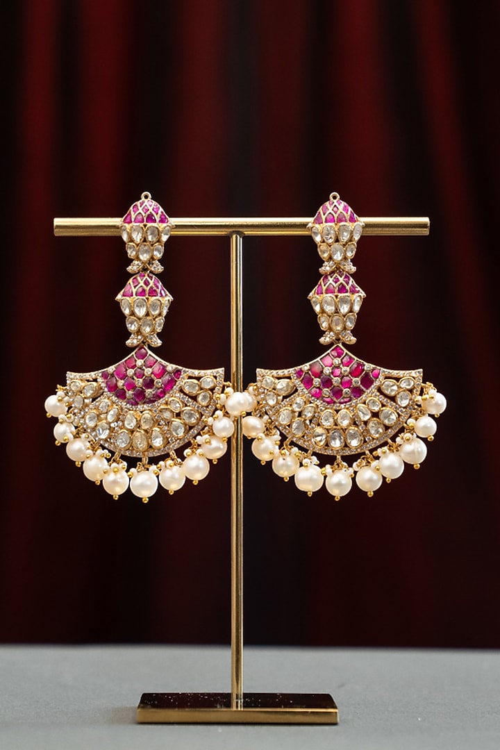 Gold Plated Ruby Stone & Pearl Jhumka Earrings In Sterling Silver by Varq Jewels at Pernia's Pop Up Shop