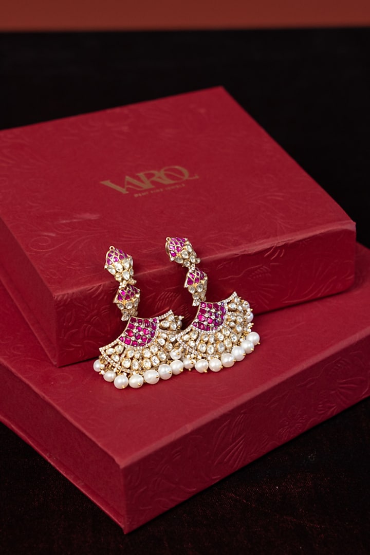 Gold Plated Ruby Stone & Pearl Jhumka Earrings In Sterling Silver by Varq Jewels at Pernia's Pop Up Shop