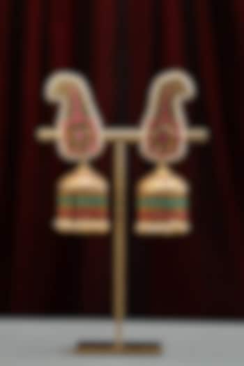 Gold Plated Peacock Motif & Multi-Colored Stone Jhumka Earrings In Sterling Silver by Varq Jewels at Pernia's Pop Up Shop