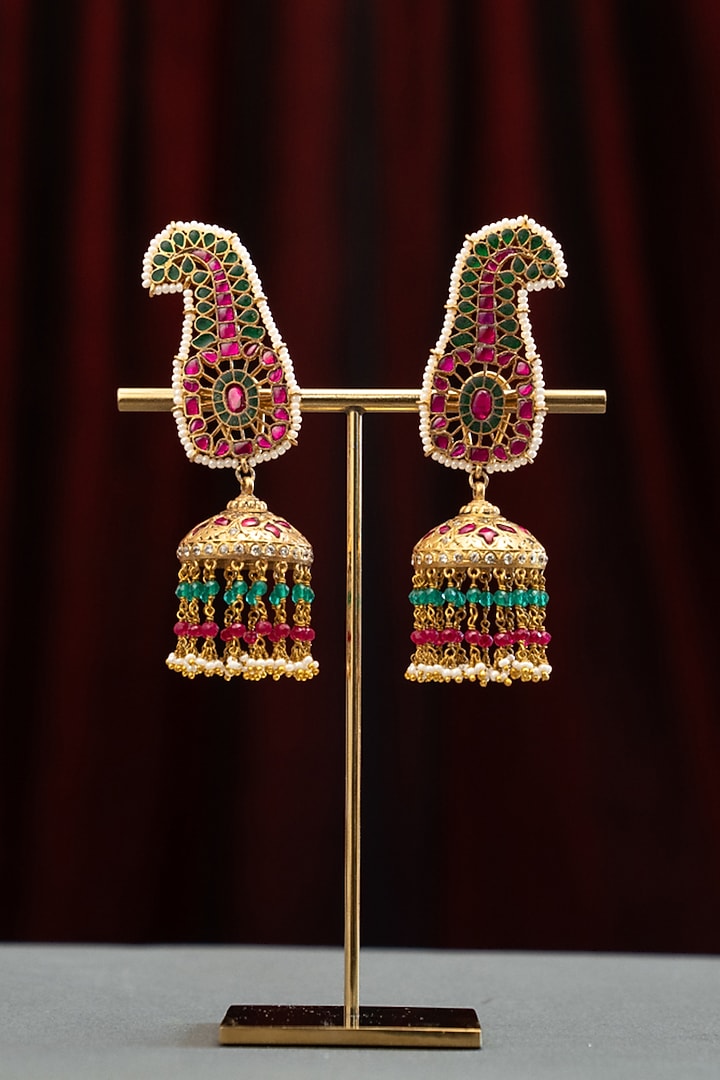 Gold Plated Peacock Motif & Multi-Colored Stone Jhumka Earrings In Sterling Silver by Varq Jewels at Pernia's Pop Up Shop