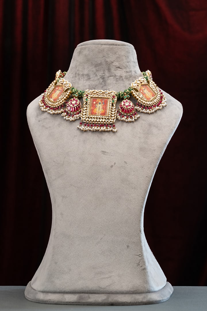 Gold Plated Peacock Pearl & Green Stone Enameled Handcrafted Necklace In Sterling Silver by Varq Jewels at Pernia's Pop Up Shop