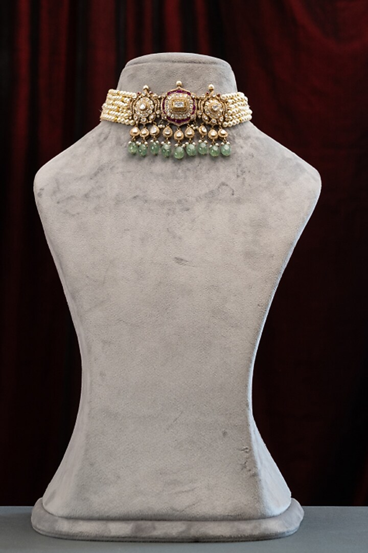 Gold Plated Pearl & Moissanite Stone Handcrafted Choker Necklace Set In Sterling Silver by Varq Jewels at Pernia's Pop Up Shop