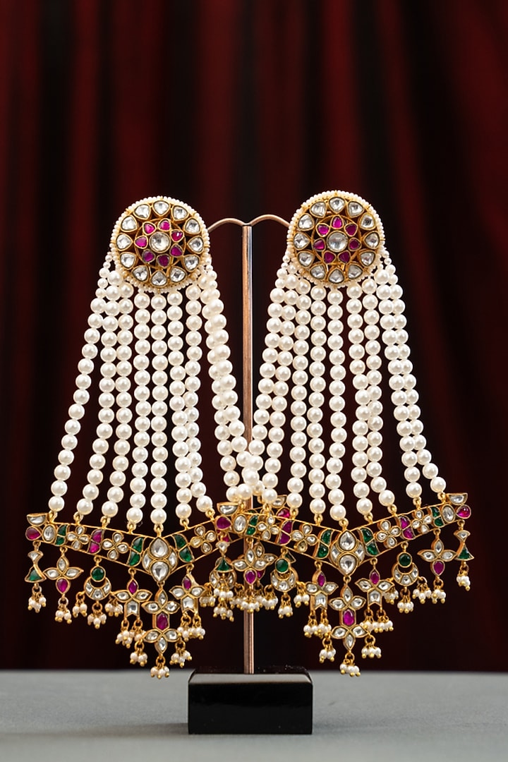 Gold Plated Kundan Polki & Emerald Stone Chandbali Earrings In Sterling Silver by Varq Jewels at Pernia's Pop Up Shop