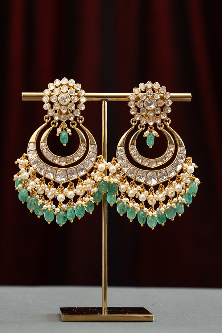 Gold Plated Moissanite Stone & Emerald Beaded Jhumka Earrings In Sterling Silver by Varq Jewels at Pernia's Pop Up Shop