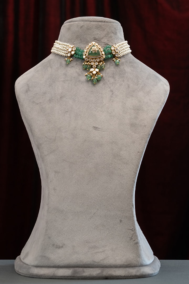 Gold Plated Pearl & Moissanite Stone Handcrafted Choker Necklace Set In Sterling Silver by Varq Jewels at Pernia's Pop Up Shop