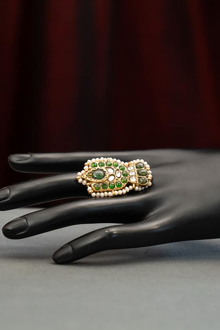 Gold Plated Pearl & Green Stone Ring In Sterling Silver by Varq Jewels at Pernia's Pop Up Shop