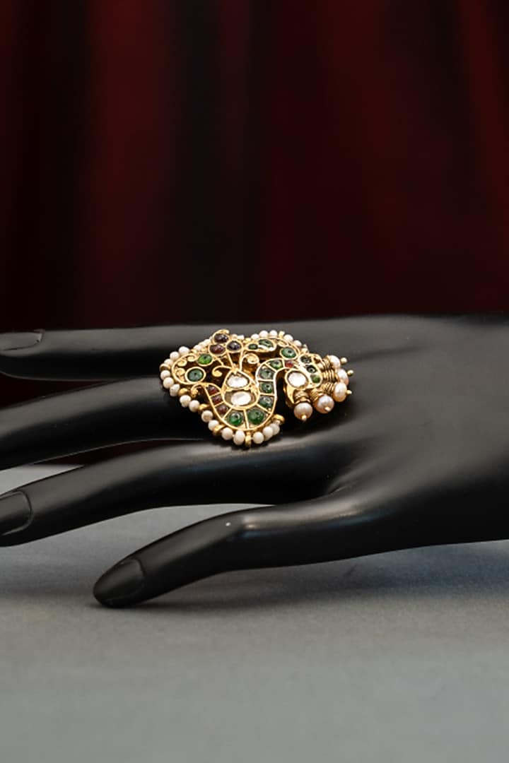 Gold Plated Pearl & Green Stone Ring In Sterling Silver by Varq Jewels at Pernia's Pop Up Shop