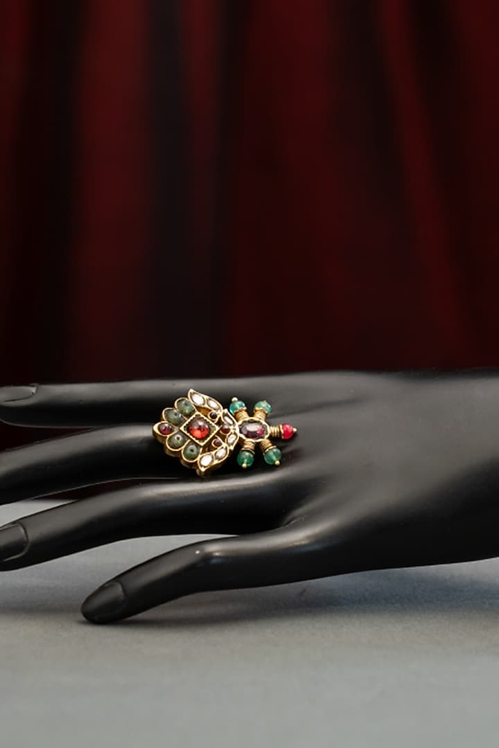 Gold Plated Red & Green Stone Ring In Sterling Silver by Varq Jewels at Pernia's Pop Up Shop