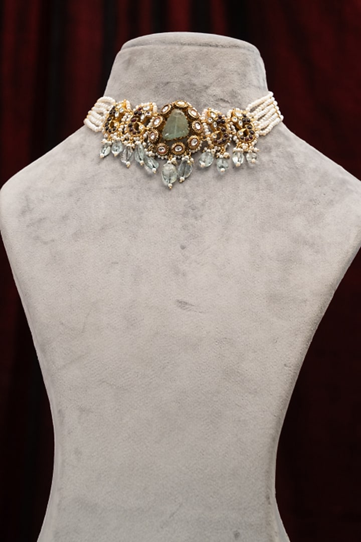Gold Plated Kundan Polki & Moissanite Stone Floral Necklace In Sterling Silver by Varq Jewels at Pernia's Pop Up Shop