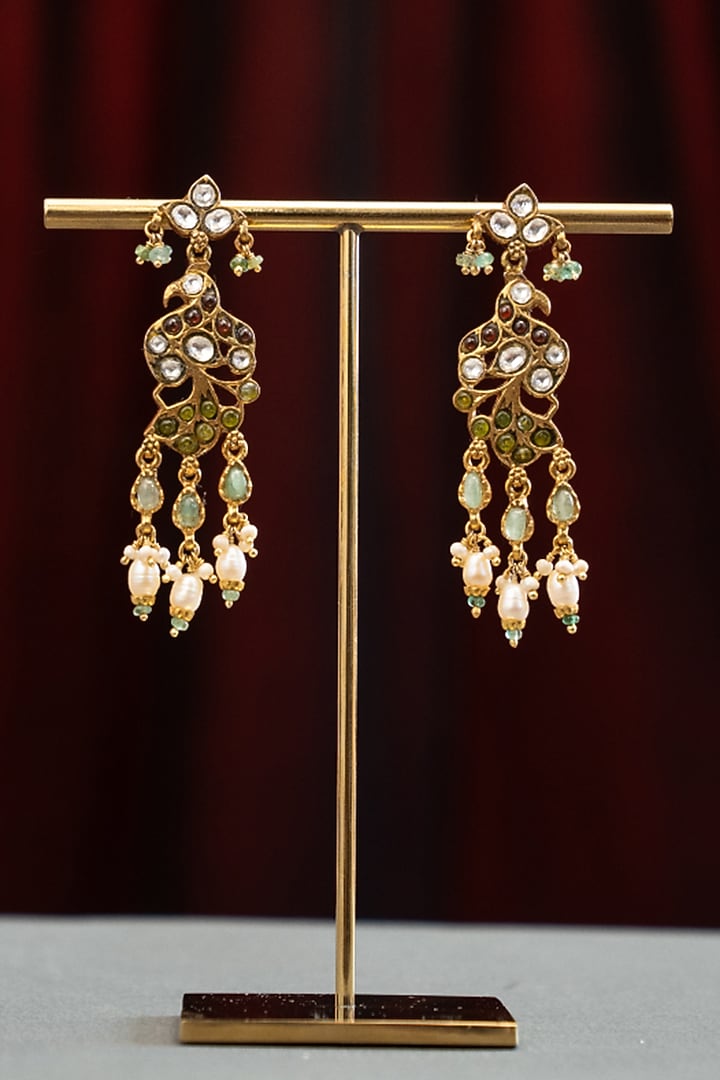 Gold Plated Moissanite Stone & Pearl Jhumka Earrings In Sterling Silver by Varq Jewels at Pernia's Pop Up Shop