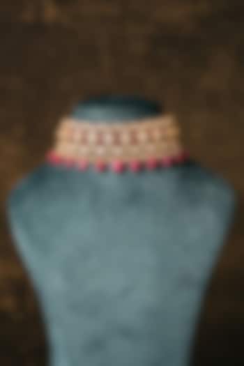 Gold Finish Kundan Polki & Pink Beaded Choker Necklace In Sterling Silver by Varq Jewels at Pernia's Pop Up Shop