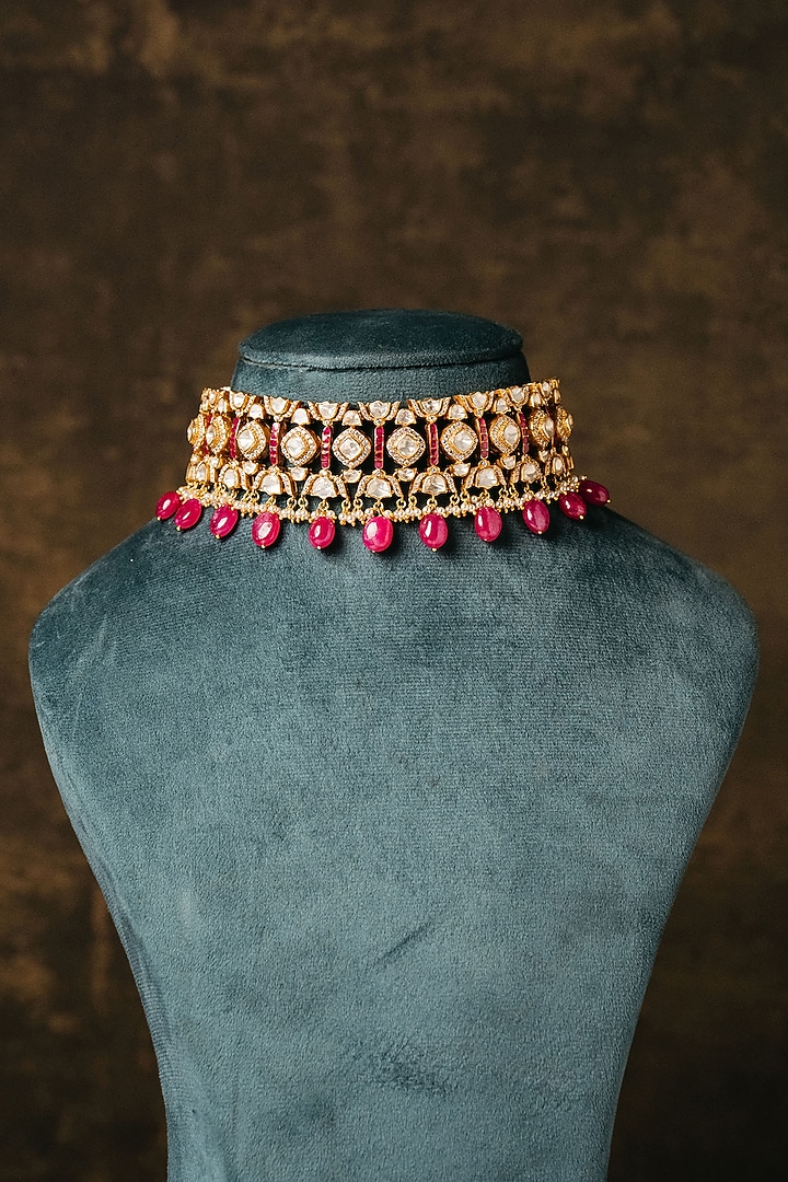 Gold Finish Kundan Polki & Pink Beaded Choker Necklace In Sterling Silver by Varq Jewels at Pernia's Pop Up Shop