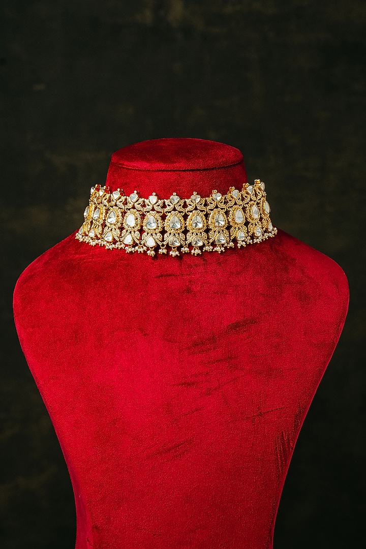 Gold Finish Kundan Polki Choker Necklace In Sterling Silver by Varq Jewels at Pernia's Pop Up Shop