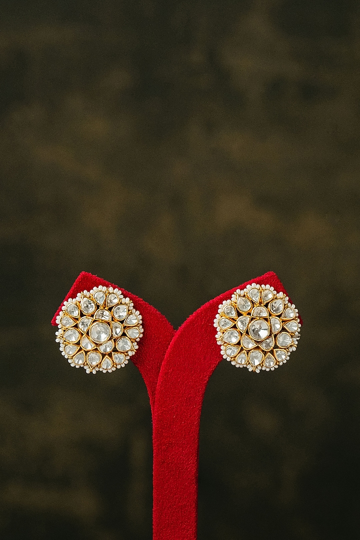 Gold Finish Kundan Polki Floral Stud Earrings In Sterling Silver by Varq Jewels at Pernia's Pop Up Shop