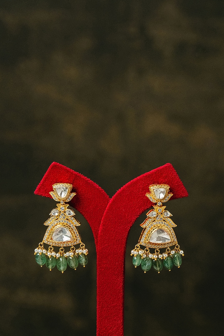Gold Finish Kundan Polki Dangler Earrings In Sterling Silver by Varq Jewels at Pernia's Pop Up Shop