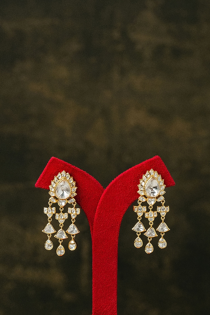 Gold Finish Kundan Polki Dangler Earrings In Sterling Silver by Varq Jewels at Pernia's Pop Up Shop
