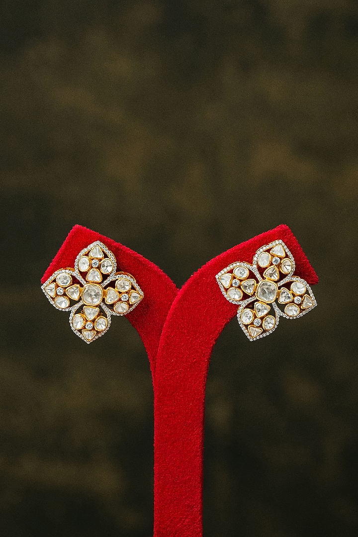 Gold Finish Kundan Polki Floral Stud Earrings In Sterling Silver by Varq Jewels at Pernia's Pop Up Shop