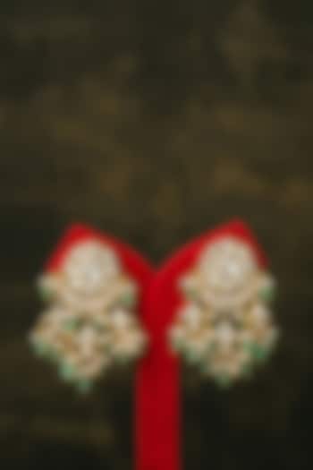 Gold Finish Kundan Polki & Green Stone Statement Earrings In Sterling Silver by Varq Jewels at Pernia's Pop Up Shop