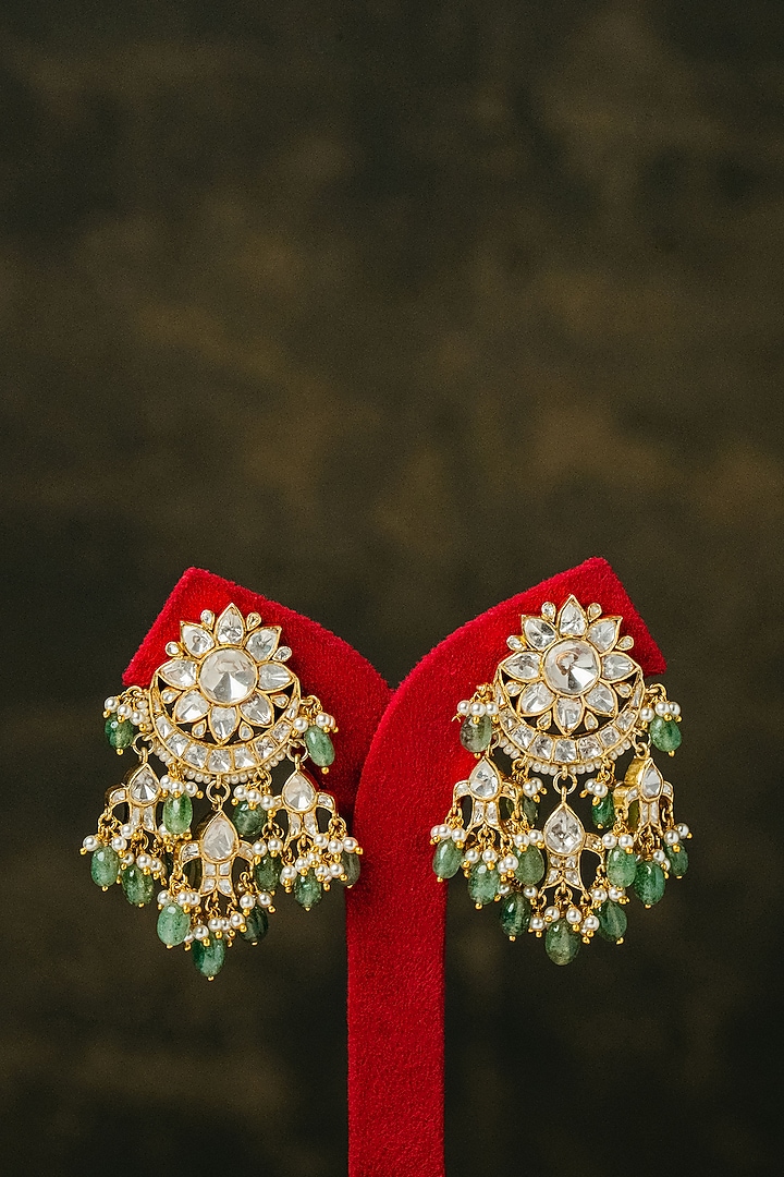 Gold Finish Kundan Polki & Green Stone Statement Earrings In Sterling Silver by Varq Jewels at Pernia's Pop Up Shop