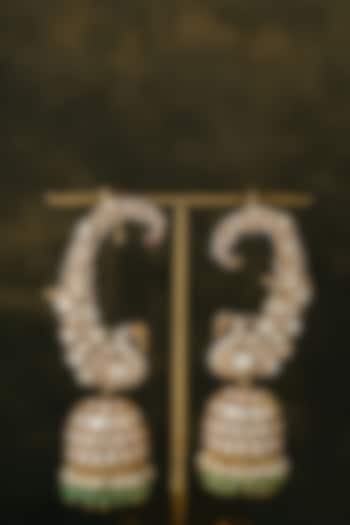 Gold Finish Kundan Polki & Beaded Jhumka Earrings In Sterling Silver by Varq Jewels at Pernia's Pop Up Shop
