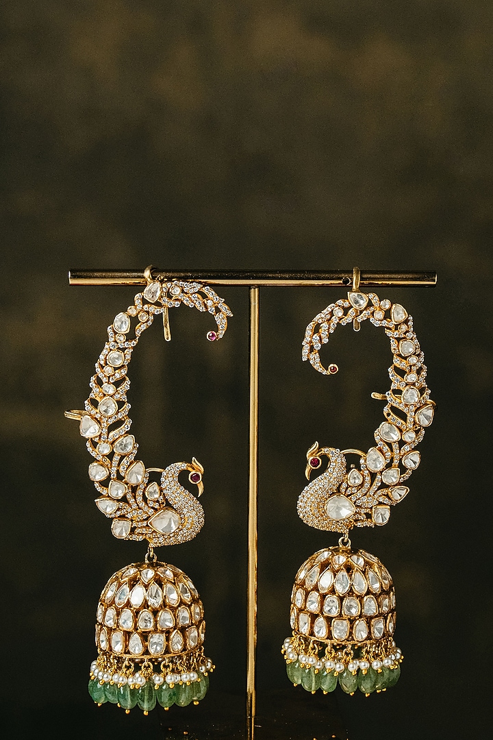 Gold Finish Kundan Polki & Beaded Jhumka Earrings In Sterling Silver by Varq Jewels at Pernia's Pop Up Shop