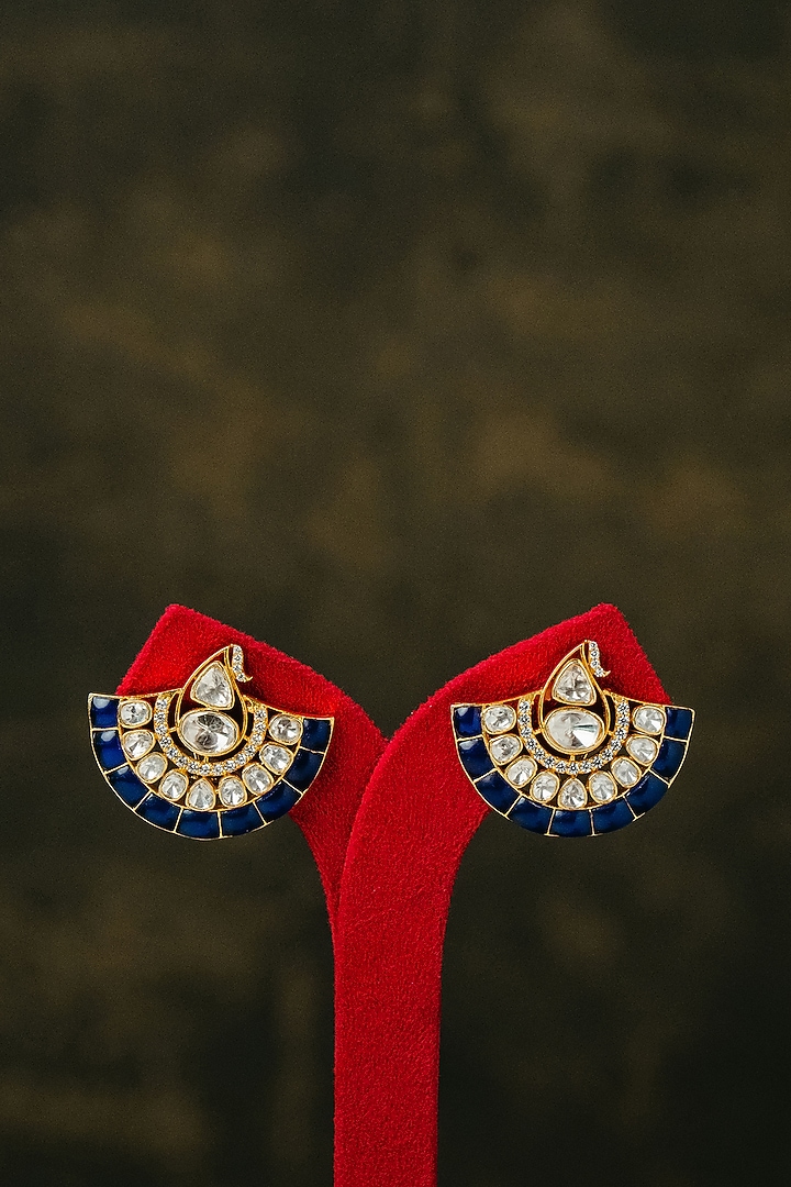 Gold Finish Kundan Polki & Green Stone Stud Earrings In Sterling Silver by Varq Jewels at Pernia's Pop Up Shop