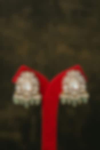Gold Finish Kundan Polki & Mint Stone Stud Earrings In Sterling Silver by Varq Jewels at Pernia's Pop Up Shop