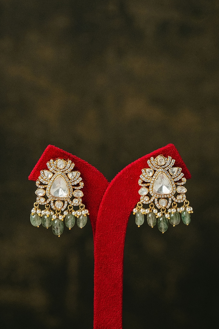 Gold Finish Kundan Polki & Mint Stone Stud Earrings In Sterling Silver by Varq Jewels at Pernia's Pop Up Shop