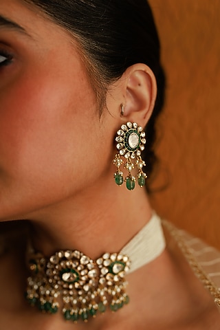Gold Plated Kundan Polki & Green Stone Dangler Earrings In Sterling Silver by Varq Jewels