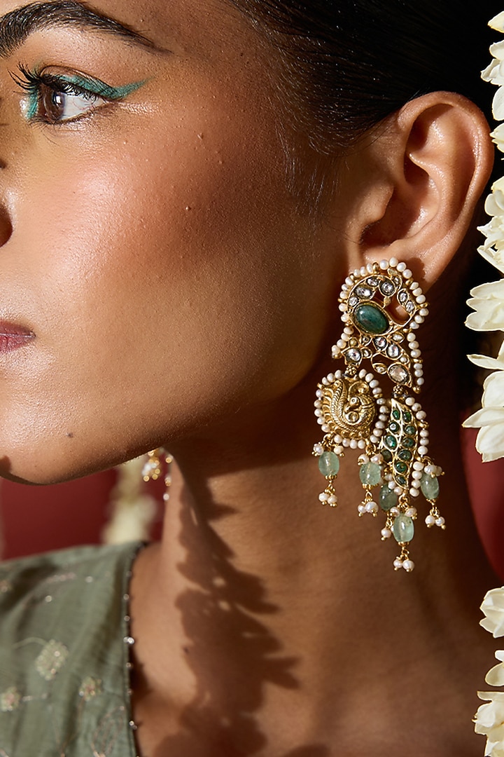 Gold Plated Moissanite Polki & Green Stone Dangler Earrings In Sterling Silver by Varq Jewels at Pernia's Pop Up Shop