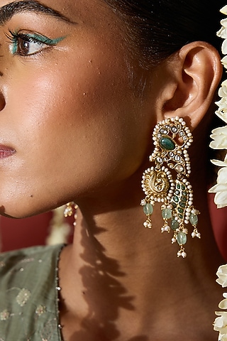 Gold Plated Moissanite Polki & Green Stone Dangler Earrings In Sterling Silver by Varq Jewels