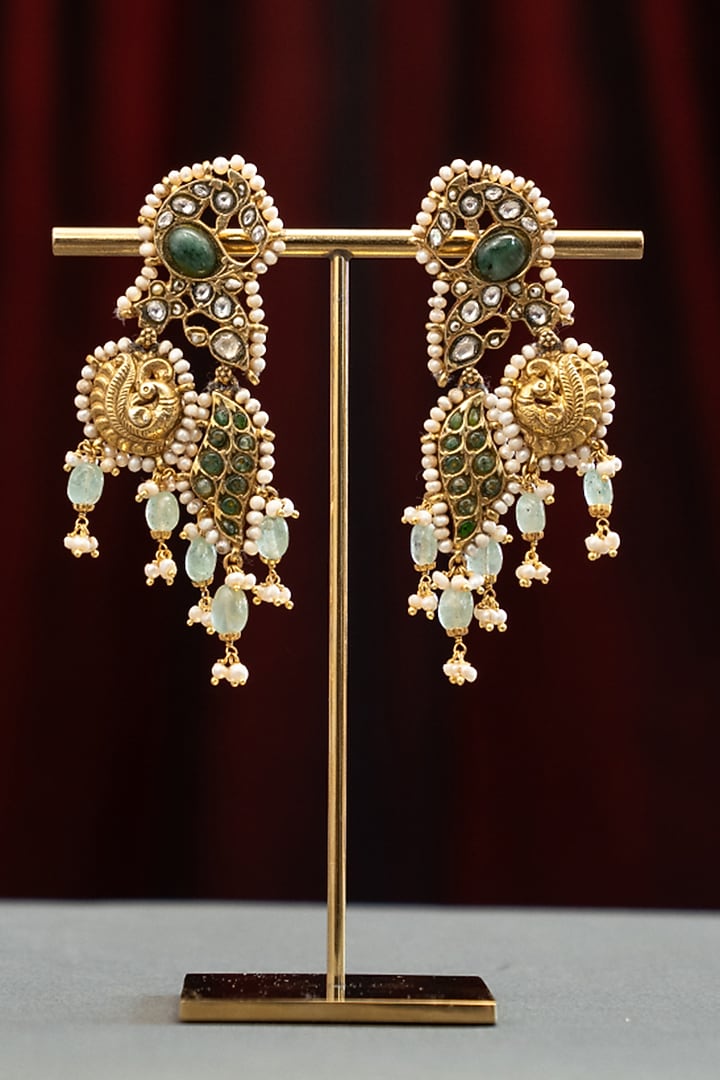Gold Plated Moissanite Polki & Green Stone Dangler Earrings In Sterling Silver by Varq Jewels at Pernia's Pop Up Shop