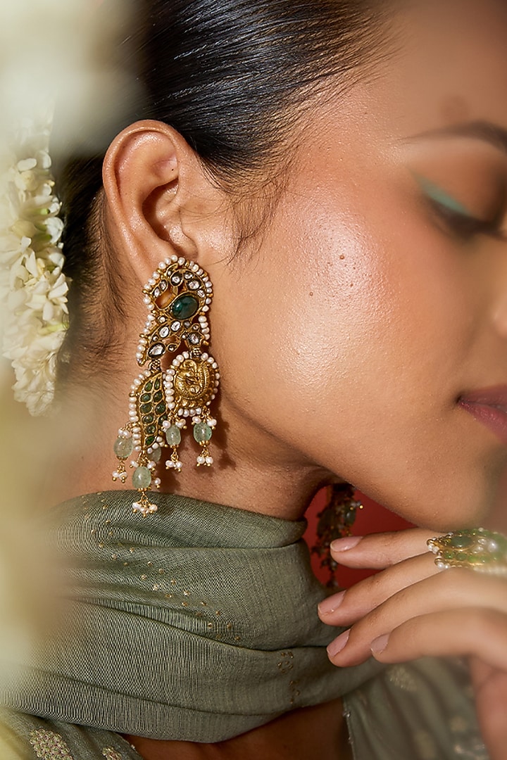 Gold Plated Moissanite Polki & Green Stone Dangler Earrings In Sterling Silver by Varq Jewels at Pernia's Pop Up Shop