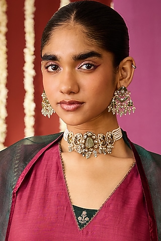 Gold Plated Moissanite Polki & Green Stone Dangler Earrings In Sterling Silver by Varq Jewels