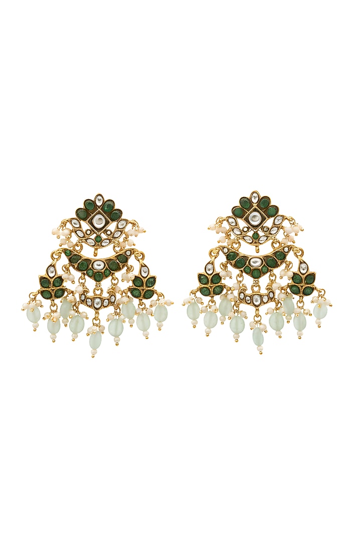 Gold Plated Moissanite Polki & Green Stone Dangler Earrings In Sterling Silver by Varq Jewels at Pernia's Pop Up Shop