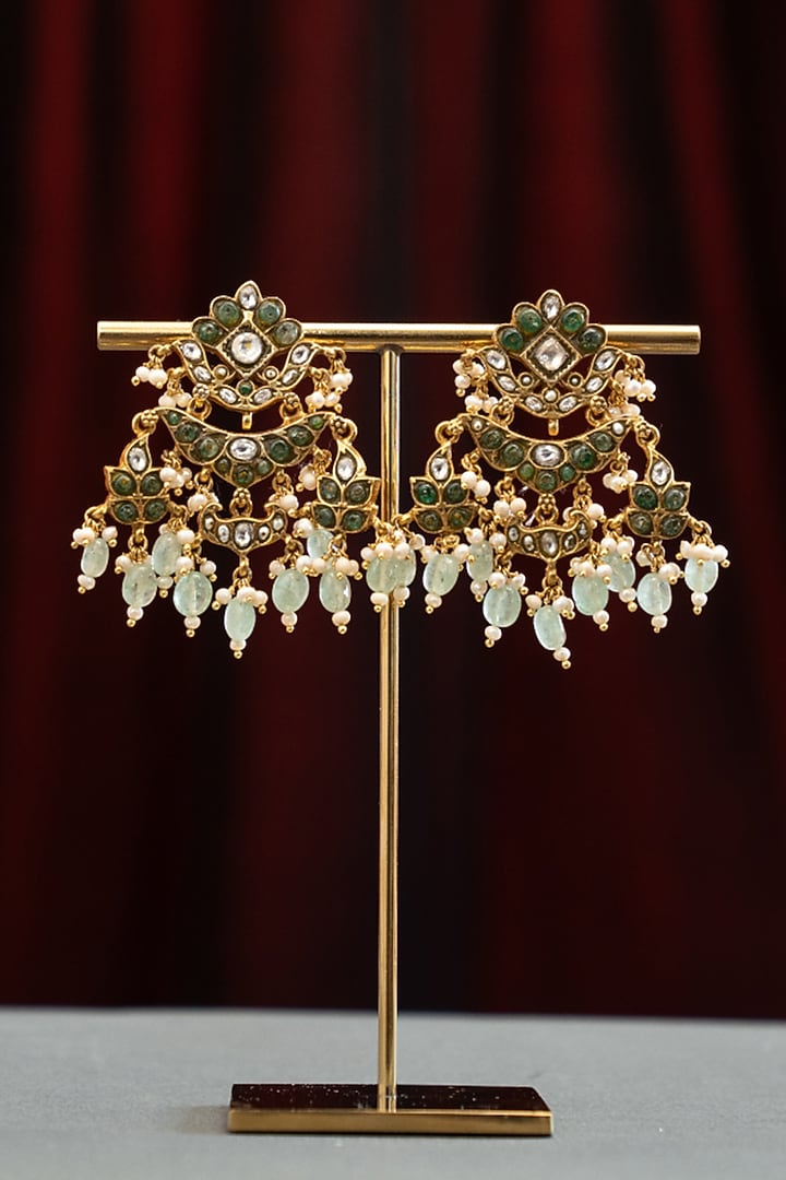Gold Plated Moissanite Polki & Green Stone Dangler Earrings In Sterling Silver by Varq Jewels at Pernia's Pop Up Shop