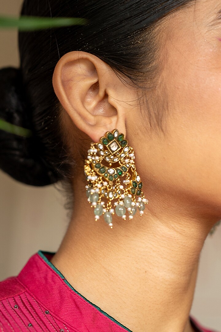 Gold Plated Moissanite Polki & Green Stone Dangler Earrings In Sterling Silver by Varq Jewels at Pernia's Pop Up Shop