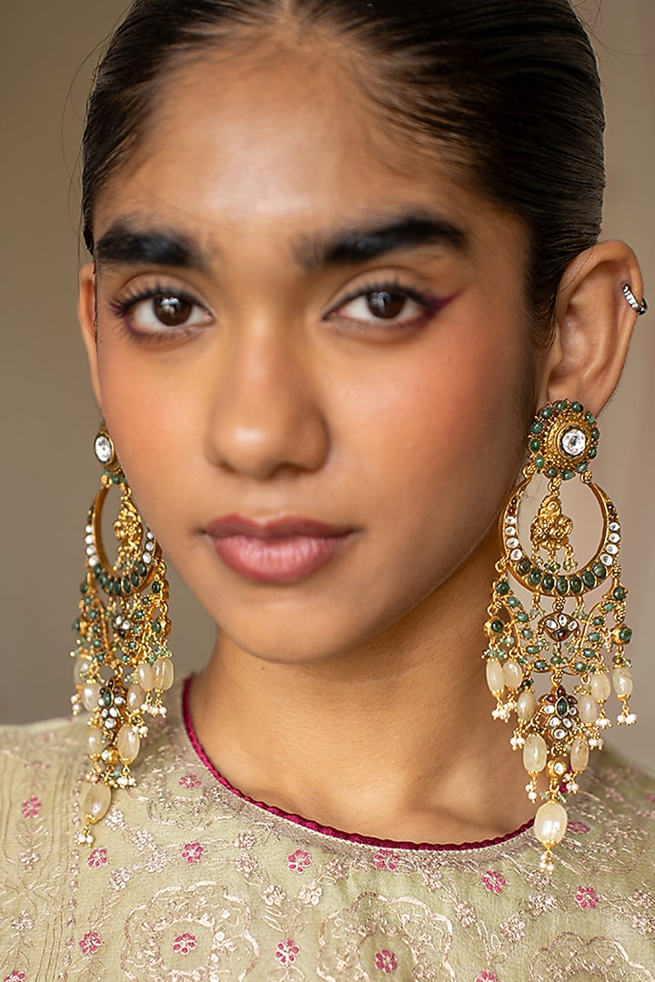 Gold Plated Moissanite Polki & Green Stone Dangler Earrings In Sterling Silver by Varq Jewels at Pernia's Pop Up Shop
